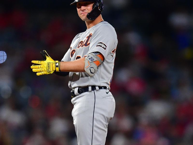 Sep 15, 2023; Anaheim, California, USA; Detroit Tigers first baseman Spencer Torkelson (20) reaches second on an RBI double against the Los Angeles Angels during the eighth inning at Angel Stadium. Mandatory Credit: Gary A. Vasquez-USA TODAY Sports