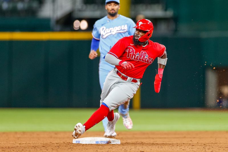 Apr 2, 2023; Arlington, Texas, USA; Philadelphia Phillies left fielder Josh Harrison (2) rounds second base during the sixth inning against the Texas Rangers at Globe Life Field. Mandatory Credit: Andrew Dieb-USA TODAY Sports