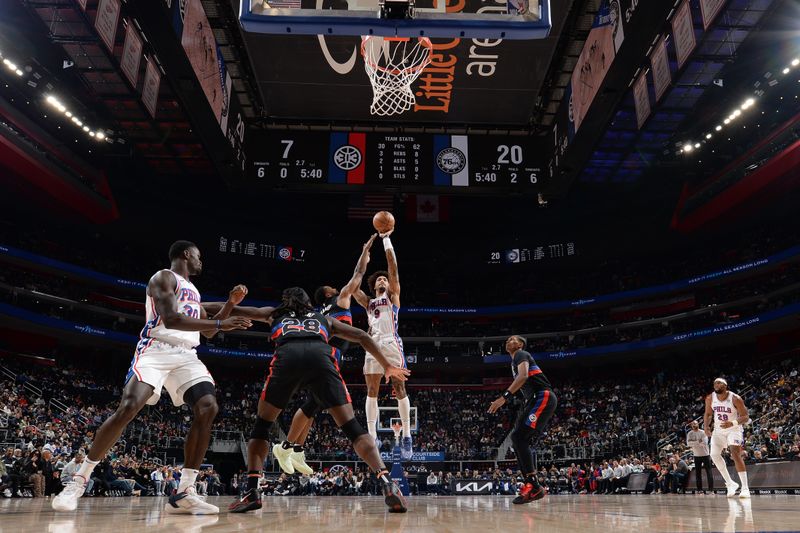 DETROIT, MI - NOVEMBER 30: Kelly Oubre Jr. #9 of the Philadelphia 76ers shoots the ball during the game against the Detroit Pistons  on November 30, 2024 at Little Caesars Arena in Detroit, Michigan. NOTE TO USER: User expressly acknowledges and agrees that, by downloading and/or using this photograph, User is consenting to the terms and conditions of the Getty Images License Agreement. Mandatory Copyright Notice: Copyright 2024 NBAE (Photo by Chris Schwegler/NBAE via Getty Images)