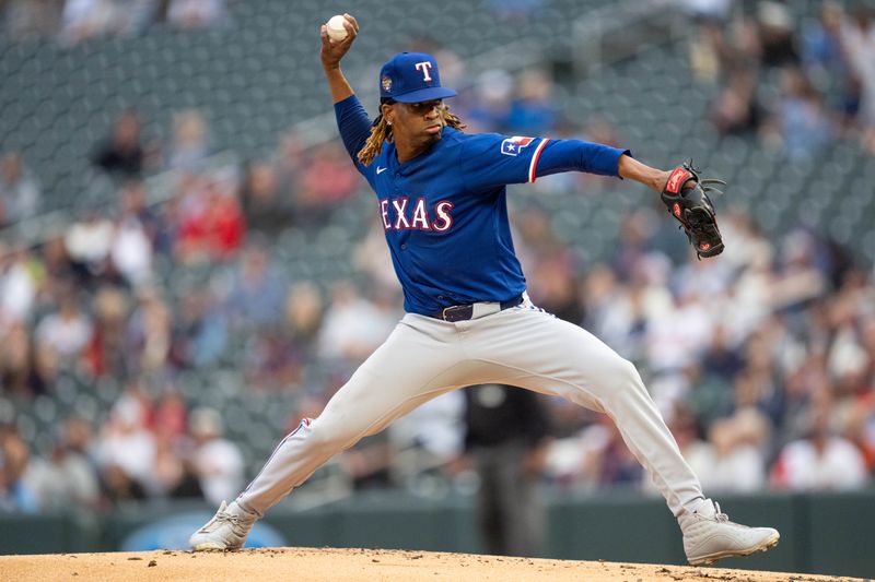 May 24, 2024; Minneapolis, Minnesota, USA; Texas Rangers pitcher Jose Urena (54) pitches in the first inning against the Minnesota Twins at Target Field. Mandatory Credit: Matt Blewett-USA TODAY Sports