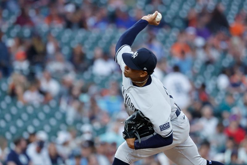 Aug 29, 2023; Detroit, Michigan, USA; New York Yankees relief pitcher Jhony Brito (76) pitches in the fifth inning against the Detroit Tigers at Comerica Park. Mandatory Credit: Rick Osentoski-USA TODAY Sports