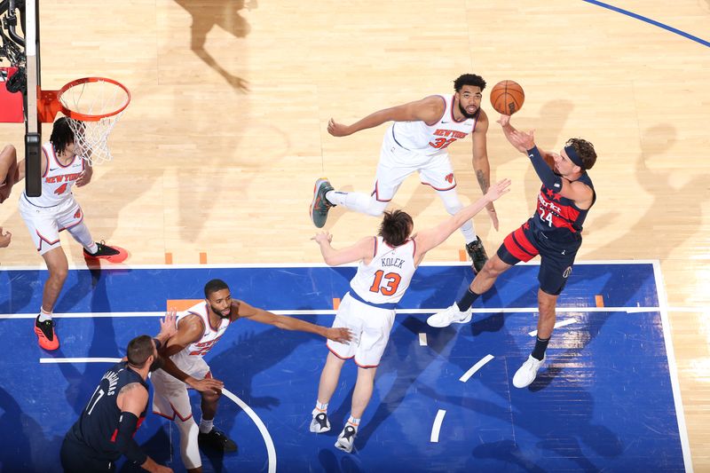 NEW YORK, NY - NOVEMBER 18: Corey Kispert #24 of the Washington Wizards shoots the ball during the game against the New York Knicks on November 18, 2024 at Madison Square Garden in New York City, New York.  NOTE TO USER: User expressly acknowledges and agrees that, by downloading and or using this photograph, User is consenting to the terms and conditions of the Getty Images License Agreement. Mandatory Copyright Notice: Copyright 2024 NBAE  (Photo by Nathaniel S. Butler/NBAE via Getty Images)