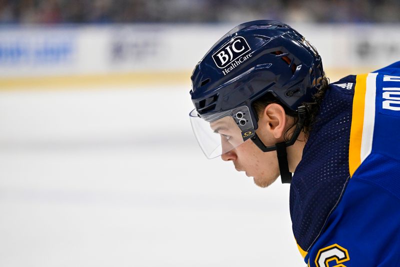 Feb 22, 2024; St. Louis, Missouri, USA;  St. Louis Blues center Zachary Bolduc (76) looks on during the second period against the New York Islanders at Enterprise Center. Mandatory Credit: Jeff Curry-USA TODAY Sports