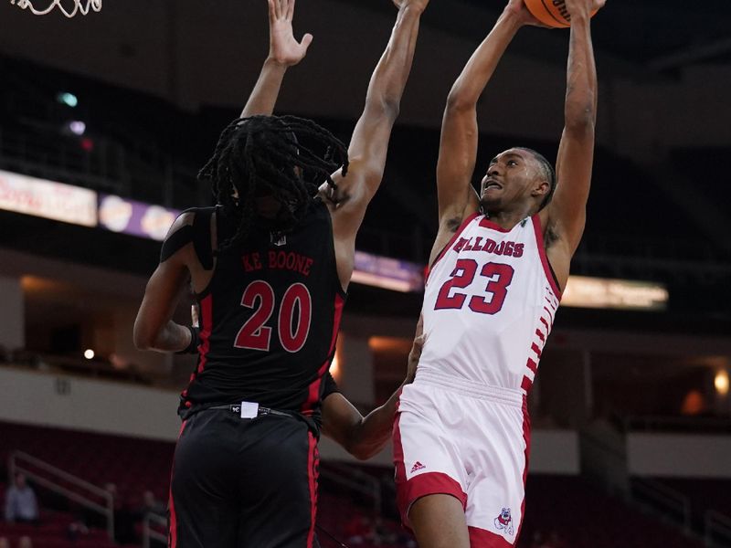 Feb 14, 2024; Fresno, California, USA; Fresno State Bulldogs guard Leo Colimerio (23) makes a shot over UNLV Rebels forward Keylan Boone (20) in the second half at the Save Mart Center. Mandatory Credit: Cary Edmondson-USA TODAY Sports