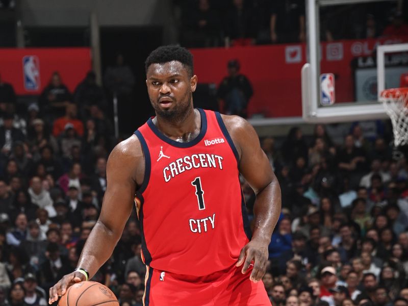 LOS ANGELES, CA - FEBRUARY 7: Zion Williamson #1 of the New Orleans Pelicans dribbles the ball during the game against the LA Clippers on February 7, 2024 at Crypto.Com Arena in Los Angeles, California. NOTE TO USER: User expressly acknowledges and agrees that, by downloading and/or using this Photograph, user is consenting to the terms and conditions of the Getty Images License Agreement. Mandatory Copyright Notice: Copyright 2024 NBAE (Photo by Andrew D. Bernstein/NBAE via Getty Images)