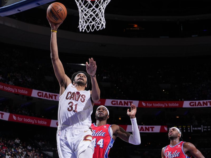 PHILADELPHIA, PA - FEBRUARY 23: Jarrett Allen #31 of the Cleveland Cavaliers drives to the basket during the game against the Philadelphia 76ers on February 23, 2024 at the Wells Fargo Center in Philadelphia, Pennsylvania NOTE TO USER: User expressly acknowledges and agrees that, by downloading and/or using this Photograph, user is consenting to the terms and conditions of the Getty Images License Agreement. Mandatory Copyright Notice: Copyright 2024 NBAE (Photo by Jesse D. Garrabrant/NBAE via Getty Images)