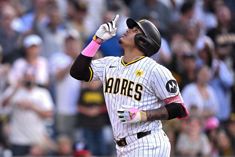 Jun 25, 2024; San Diego, California, USA; San Diego Padres third baseman Manny Machado (13) celebrates after hitting a two-run home run against the Washington Nationals during the first inning at Petco Park. Mandatory Credit: Orlando Ramirez-USA TODAY Sports