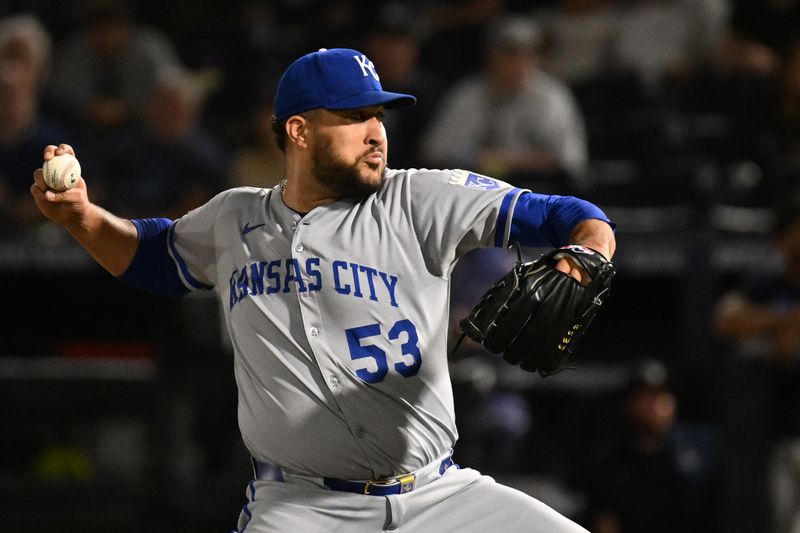 Apr 30, 2025; St. Petersburg, Florida, USA; Kansas City Royals relief pitcher Carlos Estevez (53) throws a pitch in the ninth inning against the Tampa Bay Rays at George M. Steinbrenner Field. Mandatory Credit: Jonathan Dyer-Imagn Images