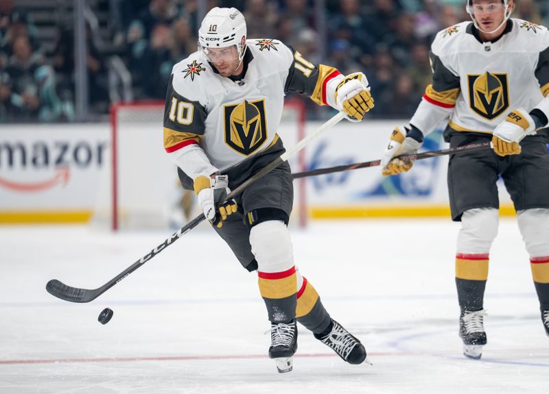 Oct 11, 2025; Seattle, Washington, USA; Vegas Golden Knights forward Colton Sissons (10) skates with the puck during the first period against the Seattle Kraken at Climate Pledge Arena. Mandatory Credit: Stephen Brashear-Imagn Images