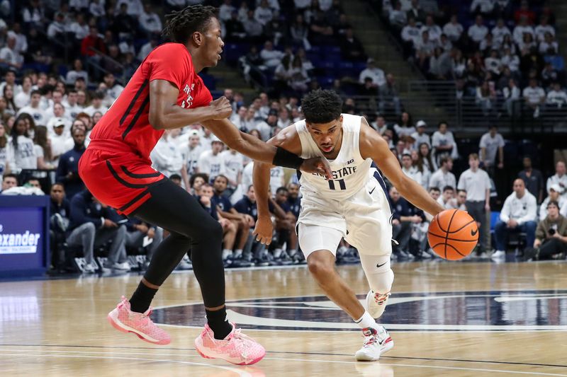 Feb 26, 2023; University Park, Pennsylvania, USA; Penn State Nittany Lions guard Camren Wynter (11) dribbles the ball around the outside of Rutgers Scarlet Knights forward Antwone Woolfolk (13) during the first half at Bryce Jordan Center. Mandatory Credit: Matthew OHaren-USA TODAY Sports