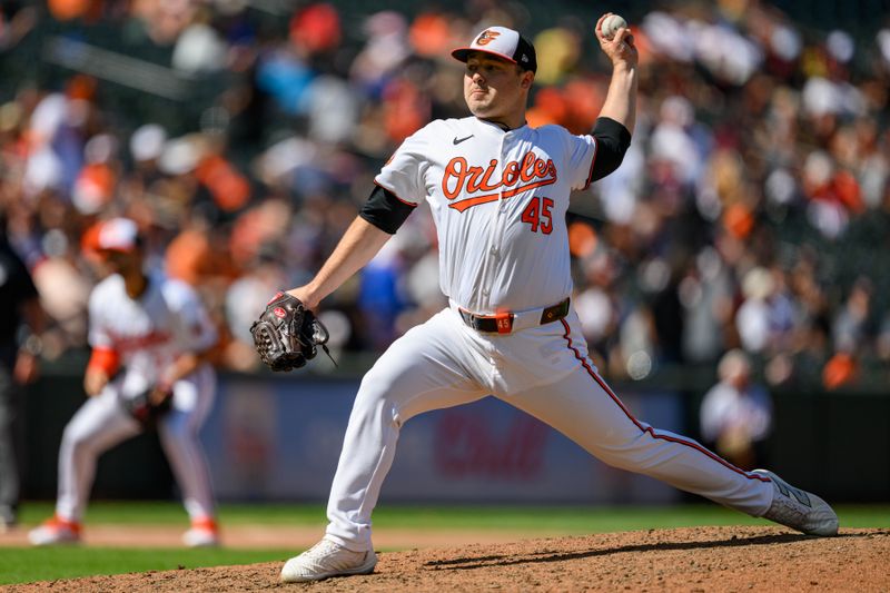 Sep 8, 2024; Baltimore, Maryland, USA; Baltimore Orioles pitcher Keegan Akin (45) throws a pitch during the eighth inning against the Tampa Bay Rays at Oriole Park at Camden Yards. Mandatory Credit: Reggie Hildred-Imagn Images