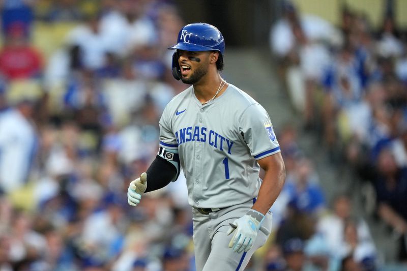 Jun 15, 2024; Los Angeles, California, USA; Kansas City Royals left fielder MJ Melendez (1) celebrates after hitting a grand slam home run in the sixth inning against the Los Angeles Dodgers at Dodger Stadium. Mandatory Credit: Kirby Lee-USA TODAY Sports
