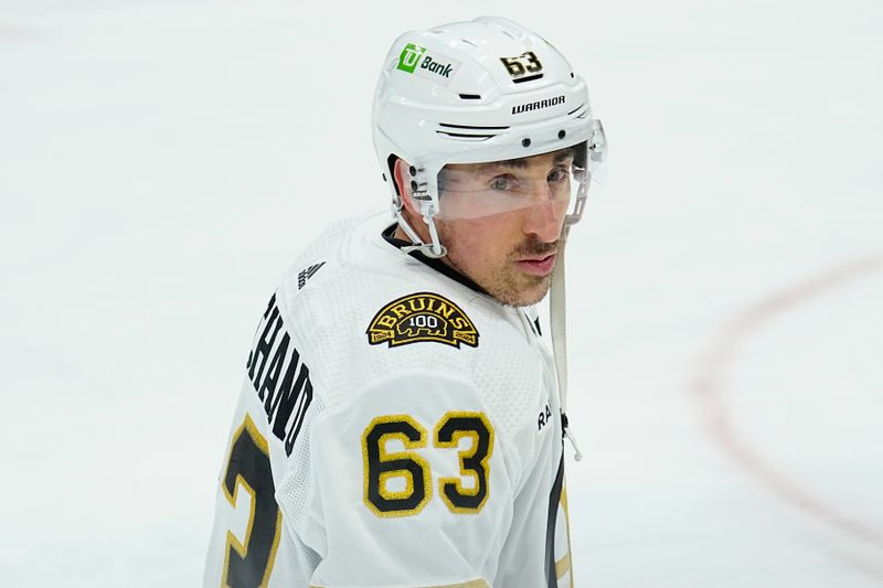 Apr 24, 2024; Toronto, Ontario, CAN; Boston Bruins forward Brad Marchand (63) during warm-up of game three of the first round of the 2024 Stanley Cup Playoffs against the Toronto Maple Leafs at Scotiabank Arena. Mandatory Credit: John E. Sokolowski-USA TODAY Sports