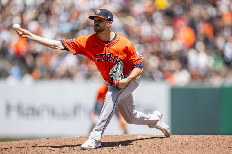 Jun 12, 2024; San Francisco, California, USA;  San Francisco Giants first base Trenton Brooks (61) throws a pitch during the fifth inning against the Houston Astros at Oracle Park. Mandatory Credit: Bob Kupbens-USA TODAY Sports