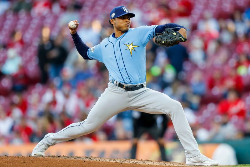 Apr 18, 2023; Cincinnati, Ohio, USA; Tampa Bay Rays starting pitcher Taj Bradley (45) pitches against the Cincinnati Reds in the second inning at Great American Ball Park. Mandatory Credit: Katie Stratman-USA TODAY Sports