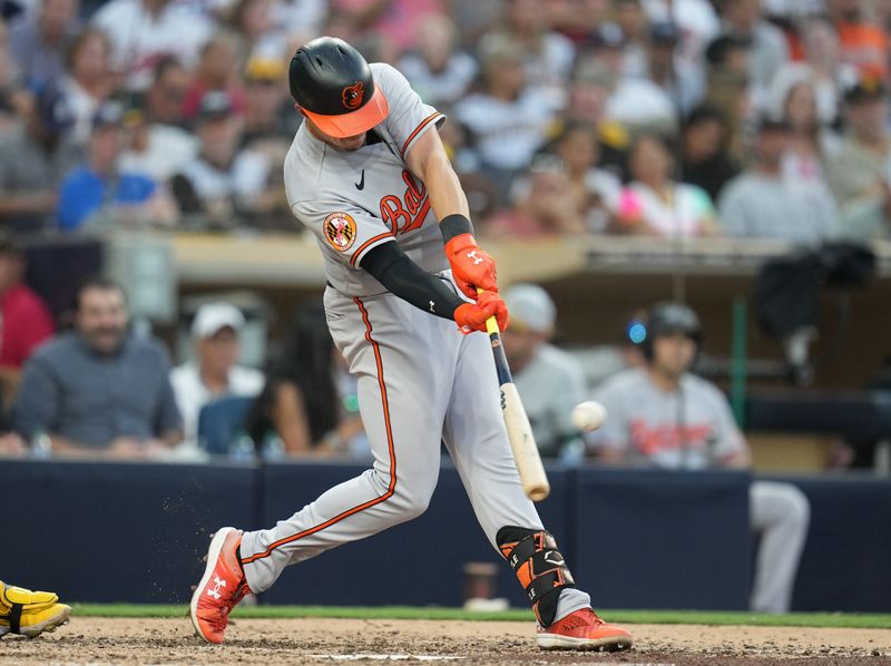 Aug 16, 2023; San Diego, California, USA;  Baltimore Orioles first baseman Ryan Mountcastle (6) hits a solo home run against the San Diego Padres during the sixth inning at Petco Park. Mandatory Credit: Ray Acevedo-USA TODAY Sports