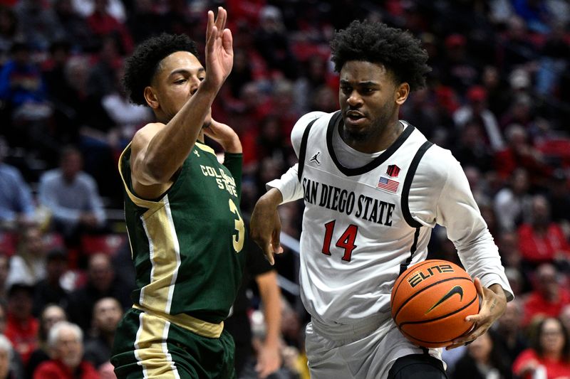 Feb 13, 2024; San Diego, California, USA; San Diego State Aztecs guard Reese Waters (14) goes to the basket defended by Colorado State Rams guard Josiah Strong (3) during the first half at Viejas Arena. Mandatory Credit: Orlando Ramirez-USA TODAY Sports