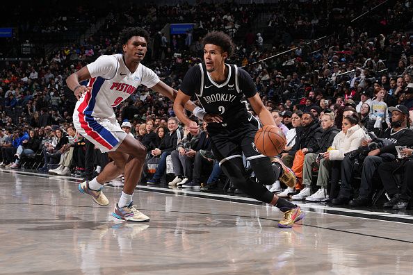 BROOKLYN, NY - DECEMBER 23: Cameron Johnson #2 of the Brooklyn Nets drives to the basket during the game against the Detroit Pistons on December 23, 2023 at Barclays Center in Brooklyn, New York. NOTE TO USER: User expressly acknowledges and agrees that, by downloading and or using this Photograph, user is consenting to the terms and conditions of the Getty Images License Agreement. Mandatory Copyright Notice: Copyright 2023 NBAE (Photo by Jesse D. Garrabrant/NBAE via Getty Images)