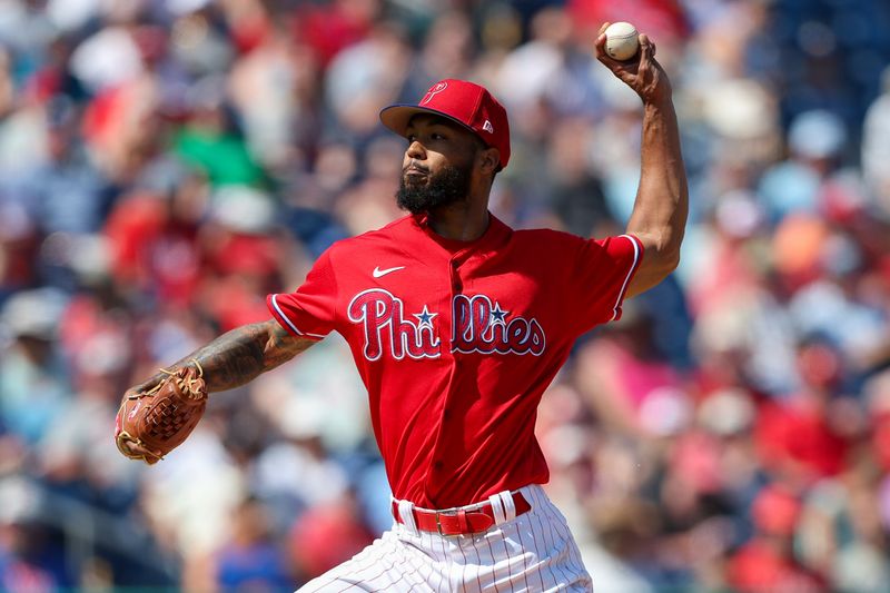 Mar 7, 2023; Clearwater, Florida, USA;  Philadelphia Phillies relief pitcher Cristopher Sanchez (61) throws a pitch against the Tampa Bay Rays in the fourth inning during spring training at BayCare Ballpark. Mandatory Credit: Nathan Ray Seebeck-USA TODAY Sports