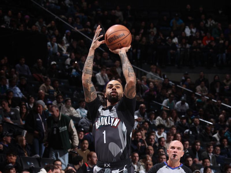 BROOKLYN, NY - FEBRUARY 10: D'Angelo Russell #1 of the Brooklyn Nets shoots a three point basket during the game against the Charlotte Hornets on February 10, 2025 at Barclays Center in Brooklyn, New York. NOTE TO USER: User expressly acknowledges and agrees that, by downloading and or using this Photograph, user is consenting to the terms and conditions of the Getty Images License Agreement. Mandatory Copyright Notice: Copyright 2025 NBAE (Photo by Nathaniel S. Butler/NBAE via Getty Images)