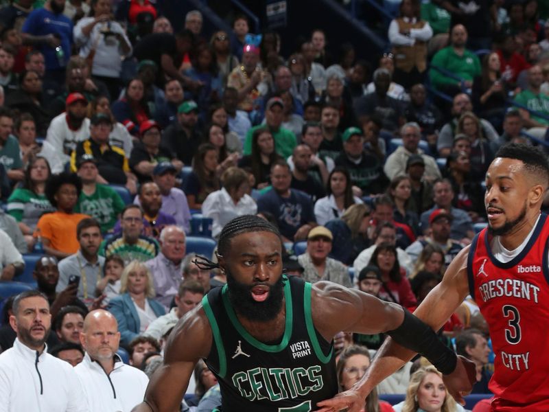 NEW ORLEANS, LA - MARCH 30: Jaylen Brown #7 of the Boston Celtics handles the ball during the game against the New Orleans Pelicans on March 30, 2024 at the Smoothie King Center in New Orleans, Louisiana. NOTE TO USER: User expressly acknowledges and agrees that, by downloading and or using this Photograph, user is consenting to the terms and conditions of the Getty Images License Agreement. Mandatory Copyright Notice: Copyright 2024 NBAE (Photo by Layne Murdoch Jr./NBAE via Getty Images)