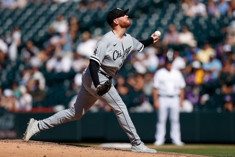 Aug 20, 2023; Denver, Colorado, USA; Chicago White Sox relief pitcher Aaron Bummer (39) pitches in the eighth inning against the Colorado Rockies at Coors Field. Mandatory Credit: Isaiah J. Downing-USA TODAY Sports