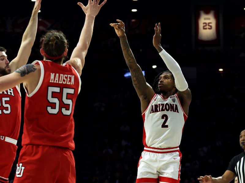 Jan 6, 2024; Tucson, Arizona, USA; Arizona Wildcats guard Caleb Love (2) shoots a basket agaisnt Utah Utes guard Gabe Madsen (55) during the second half at McKale Center. Mandatory Credit: Zachary BonDurant-USA TODAY Sports