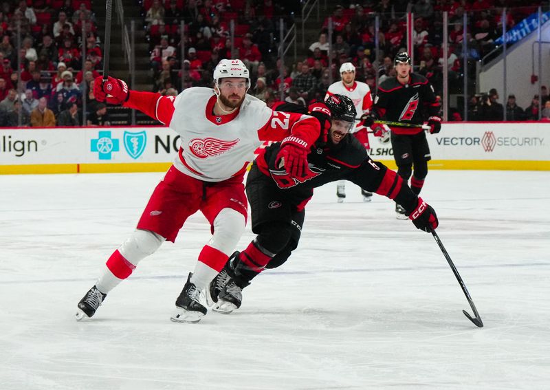 Jan 19, 2024; Raleigh, North Carolina, USA;  Carolina Hurricanes defenseman Jalen Chatfield (5) and Detroit Red Wings center Michael Rasmussen (27) battle for position during the second period at PNC Arena. Mandatory Credit: James Guillory-USA TODAY Sports