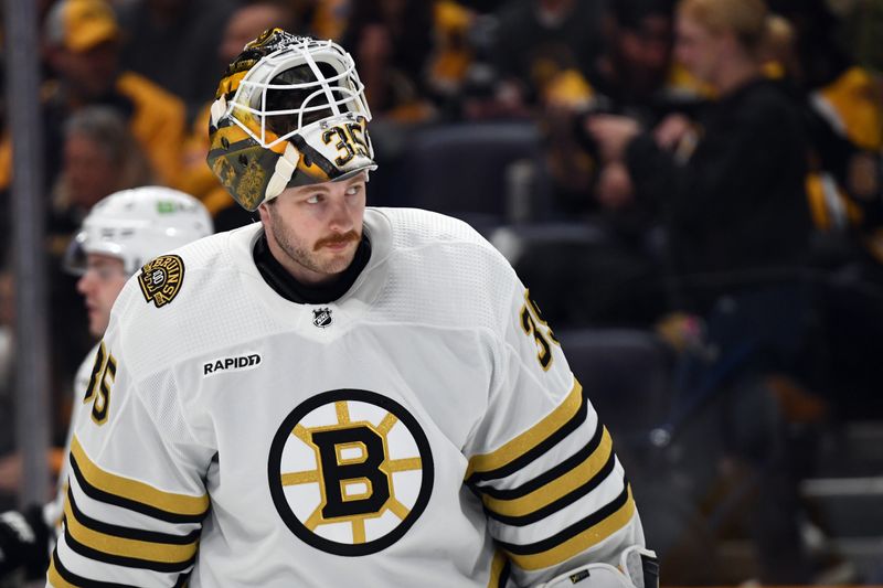 Apr 2, 2024; Nashville, Tennessee, USA; Boston Bruins goaltender Linus Ullmark (35) skates toward the net during the first period against the Nashville Predators at Bridgestone Arena. Mandatory Credit: Christopher Hanewinckel-USA TODAY Sports