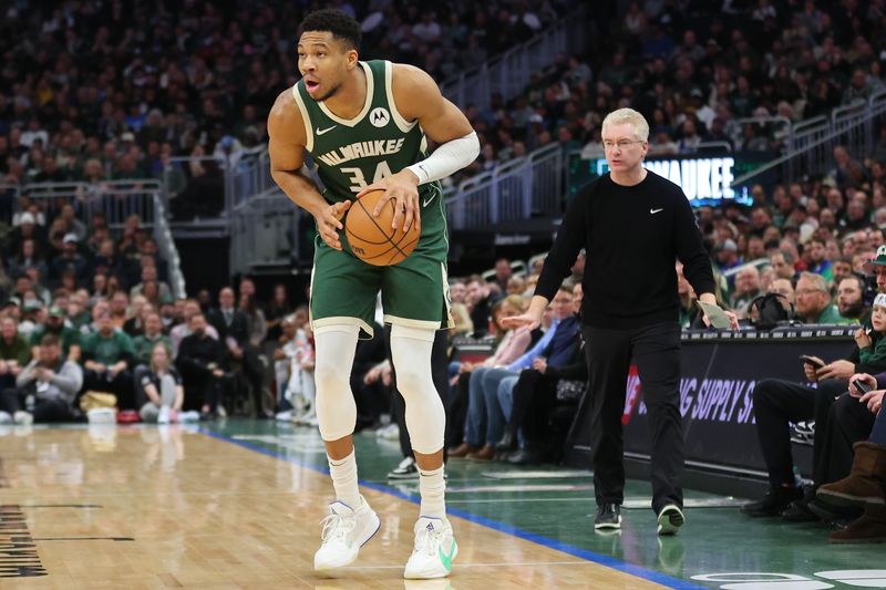 MILWAUKEE, WISCONSIN - JANUARY 24: Giannis Antetokounmpo #34 of the Milwaukee Bucks handles the ball during a game against the Cleveland Cavaliers at Fiserv Forum on January 24, 2024 in Milwaukee, Wisconsin. NOTE TO USER: User expressly acknowledges and agrees that, by downloading and or using this photograph, User is consenting to the terms and conditions of the Getty Images License Agreement. (Photo by Stacy Revere/Getty Images)