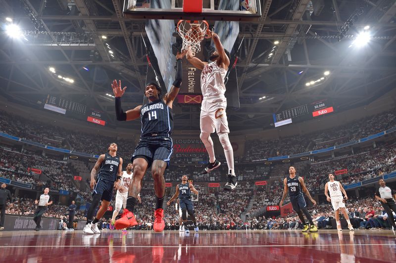 CLEVELAND, OH - APRIL 22: Jarrett Allen #31 of the Cleveland Cavaliers dunks the ball during the game against the Orlando Magic during Round 1 Game 2 of the 2024 NBA Playoffs on April 22, 2024 at Rocket Mortgage FieldHouse in Cleveland, Ohio. NOTE TO USER: User expressly acknowledges and agrees that, by downloading and/or using this Photograph, user is consenting to the terms and conditions of the Getty Images License Agreement. Mandatory Copyright Notice: Copyright 2024 NBAE (Photo by David Liam Kyle/NBAE via Getty Images)