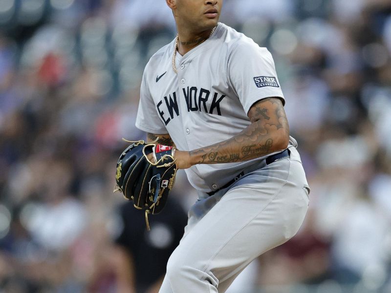 Aug 12, 2024; Chicago, Illinois, USA; New York Yankees pitcher Luis Gil (81) throws pitch against the Chicago White Sox during the first inning at Guaranteed Rate Field. Mandatory Credit: Kamil Krzaczynski-USA TODAY Sports