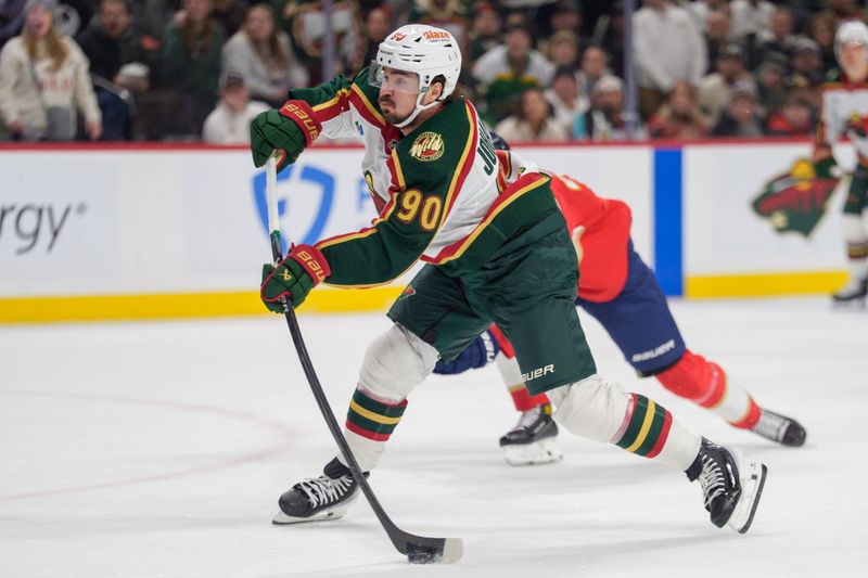 Jan 24, 2026; Saint Paul, Minnesota, USA; Minnesota Wild left wing Marcus Johansson (90) shoots against the Florida Panthers in the second period at Grand Casino Arena. Mandatory Credit: Matt Blewett-Imagn Images