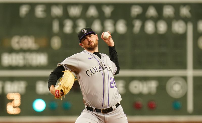 Jun 14, 2023; Boston, Massachusetts, USA; Colorado Rockies starting pitcher Austin Gomber (26) throws a pitch against the Boston Red Sox in the first inning at Fenway Park. Mandatory Credit: David Butler II-USA TODAY Sports