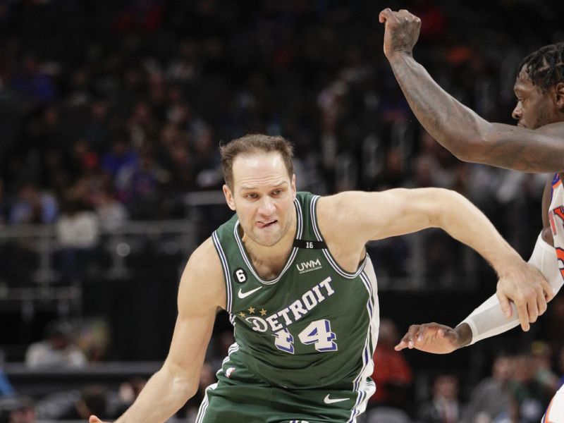 DETROIT, MI - NOVEMBER 29:  Bojan Bogdanovic #44 of the Detroit Pistons drives to the basket during the game against the New York Knicks on November 29, 2022 at Little Caesars Arena in Detroit, Michigan. NOTE TO USER: User expressly acknowledges and agrees that, by downloading and/or using this photograph, User is consenting to the terms and conditions of the Getty Images License Agreement. Mandatory Copyright Notice: Copyright 2022 NBAE (Photo by Brian Sevald/NBAE via Getty Images)