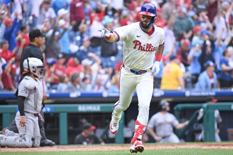 May 4, 2025; Philadelphia, Pennsylvania, USA; Philadelphia Phillies outfielder Weston Wilson (37) reacts after hitting a three-run home run during the sixth inning against the Arizona Diamondbacks at Citizens Bank Park. Mandatory Credit: Eric Hartline-Imagn Images