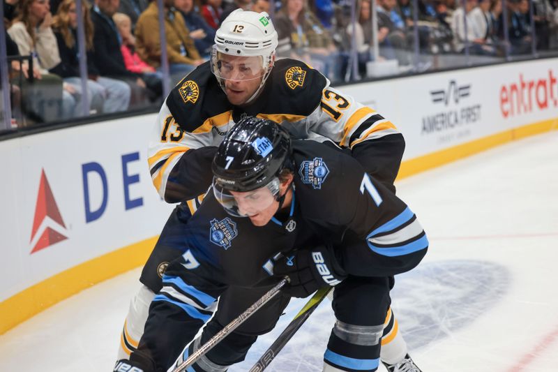 Oct 19, 2024; Salt Lake City, Utah Hockey Club Michael Kessering (7)=fghts for their puck with  at Delta Center. With Boston Bruin Charlie Coyle (13Mandatory Credit: Harry Caston-Imagn Images