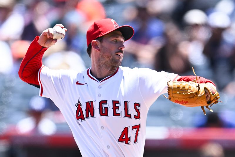Aug 4, 2024; Anaheim, California, USA; Los Angeles Angels pitcher Griffin Canning (47) throws a pitch against the New York Mets during the first inning at Angel Stadium. Mandatory Credit: Jonathan Hui-USA TODAY Sports
