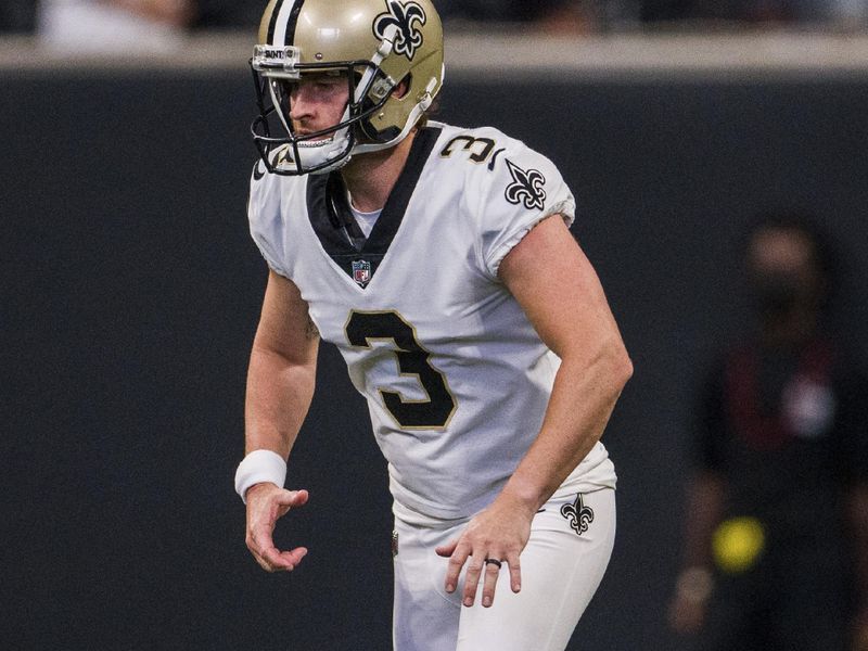 New Orleans Saints place kicker Wil Lutz (3) works during the second half of an NFL football game against the Atlanta Falcons, Sunday, Sep. 11, 2022, in Atlanta. The New Orleans Saints won 27-26. (AP Photo/Danny Karnik)