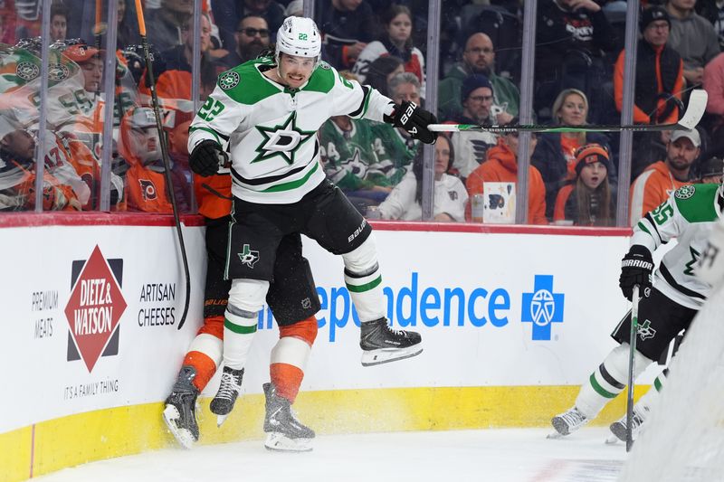 Mar 29, 2026; Philadelphia, Pennsylvania, USA; Dallas Stars center Mavrik Bourque (22) hits Philadelphia Flyers defenseman Cam York (8) in the third period at Xfinity Mobile Arena. Mandatory Credit: Kyle Ross-Imagn Images