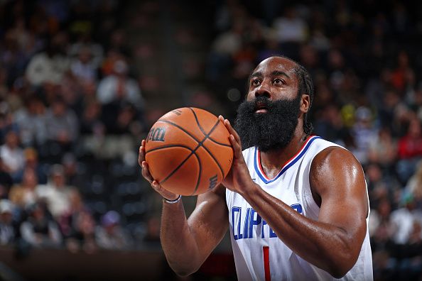 SALT LAKE CITY, UT - DECEMBER 8: James Harden #1 of the LA Clippers shoots a free throw during the game against the Utah Jazz on December 8, 2023 at vivint.SmartHome Arena in Salt Lake City, Utah. NOTE TO USER: User expressly acknowledges and agrees that, by downloading and or using this Photograph, User is consenting to the terms and conditions of the Getty Images License Agreement. Mandatory Copyright Notice: Copyright 2023 NBAE (Photo by Melissa Majchrzak/NBAE via Getty Images)