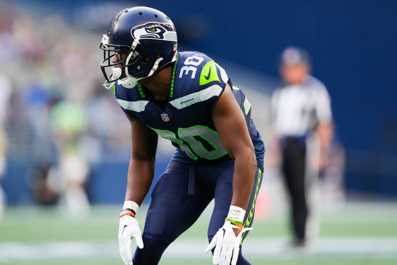 Seattle Seahawks cornerback Michael Jackson looks on during a preseason NFL football game against the Dallas Cowboys, Saturday, Aug. 19, 2023, in Seattle. (AP Photo/Lindsey Wasson)