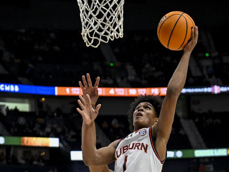 Mar 15, 2024; Nashville, TN, USA; South Carolina Gamecocks guard Jacobi Wright (1) lays the ball up against the South Carolina Gamecocks during the second half at Bridgestone Arena. Mandatory Credit: Steve Roberts-USA TODAY Sports