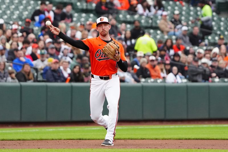 Apr 27, 2024; Baltimore, Maryland, USA; Baltimore Orioles second baseman Jordan Westburg (11) throws out to first base against the Oakland Athletics during the sixth inning at Oriole Park at Camden Yards. Mandatory Credit: Gregory Fisher-USA TODAY Sports