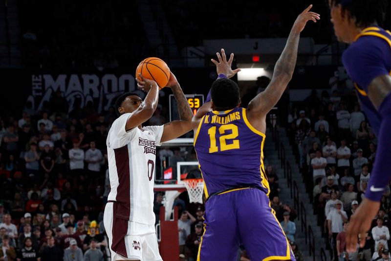 Feb 8, 2023; Starkville, Mississippi, USA; Mississippi State Bulldogs forward D.J. Jeffries (0) shoots for three as LSU Tigers forward KJ Williams (12) defends during the first half at Humphrey Coliseum. Mandatory Credit: Petre Thomas-USA TODAY Sports