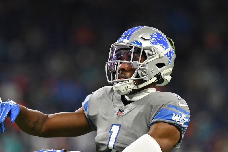 Detroit Lions cornerback Jeff Okudah is seen during pregame of an NFL football game against the Miami Dolphins, Sunday, Oct. 30, 2022, in Detroit. (AP Photo/Lon Horwedel)