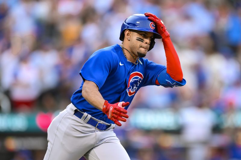 Aug 9, 2023; New York City, New York, USA; Chicago Cubs second baseman Christopher Morel (5) hits a lead off home run against the New York Mets during the first inning at Citi Field. Mandatory Credit: John Jones-USA TODAY Sports