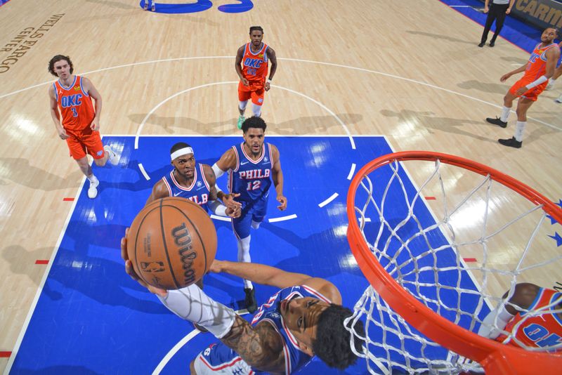 PHILADELPHIA, PA - APRIL 2: Kenyon Martin Jr. #1 of the Philadelphia 76ers drives to the basket during the game against the Oklahoma City Thunder on April 2, 2024 at the Wells Fargo Center in Philadelphia, Pennsylvania NOTE TO USER: User expressly acknowledges and agrees that, by downloading and/or using this Photograph, user is consenting to the terms and conditions of the Getty Images License Agreement. Mandatory Copyright Notice: Copyright 2024 NBAE (Photo by Jesse D. Garrabrant/NBAE via Getty Images)