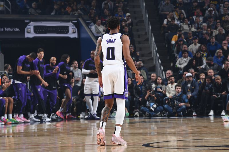 SAN FRANCISCO, CA - JANUARY 5: Malik Monk #0 of the Sacramento Kings looks on during the game against the Golden State Warriors  on January 5, 2025 at Chase Center in San Francisco, California. NOTE TO USER: User expressly acknowledges and agrees that, by downloading and or using this photograph, user is consenting to the terms and conditions of Getty Images License Agreement. Mandatory Copyright Notice: Copyright 2025 NBAE (Photo by Noah Graham/NBAE via Getty Images)