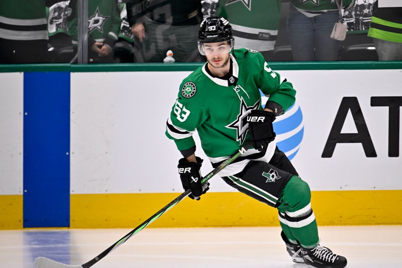 May 23, 2025; Dallas, Texas, USA; Dallas Stars center Wyatt Johnston (53) practices before game two of the Western Conference Final of the 2025 Stanley Cup Playoffs at American Airlines Center. Mandatory Credit: Jerome Miron-Imagn Images